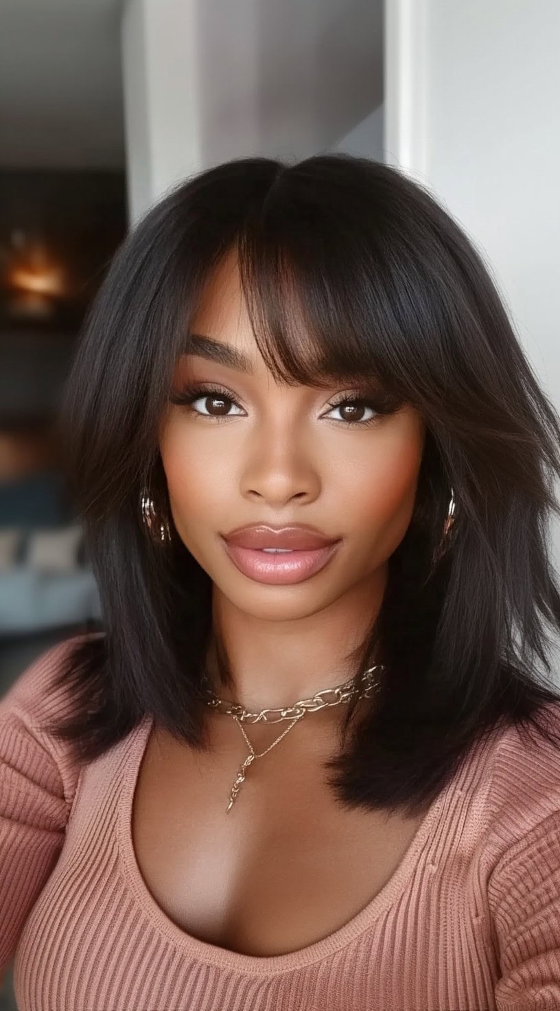 A woman with a shoulder-length feathered blowout, featuring wispy bangs and softly flipped layers for a natural, airy movement.