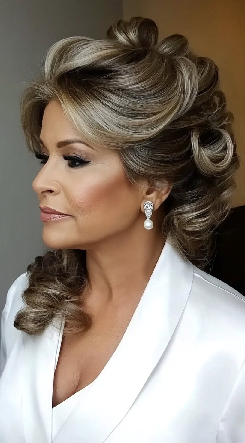 A brunette woman with voluminous barrel curls styled in a half-up, half-down look, complemented by lifted crown volume.