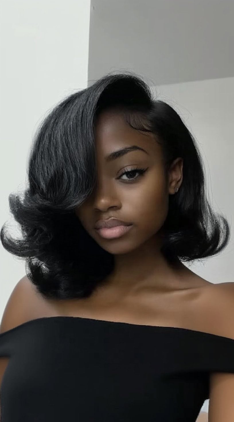 A woman with a sleek, shoulder-length feathered lob with a deep side part and bouncy curls.