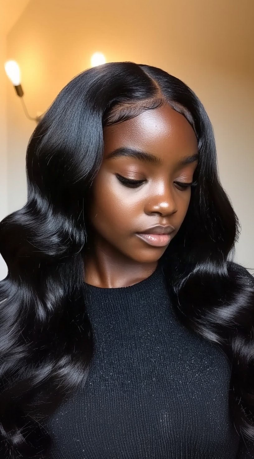 A woman with long, flowing, glossy feathered waves, featuring a middle part and soft face-framing layers.