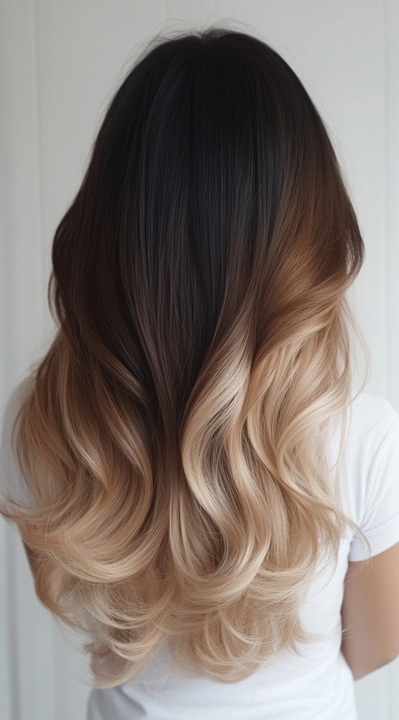 A woman with layered curls showing a gradient blend from dark roots to bright blonde tips.