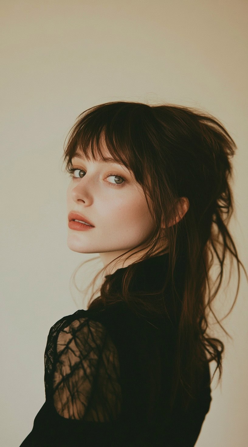 A young woman with long, dark brunette layers styled in a half-up look with wispy bangs, wearing a black lace dress.