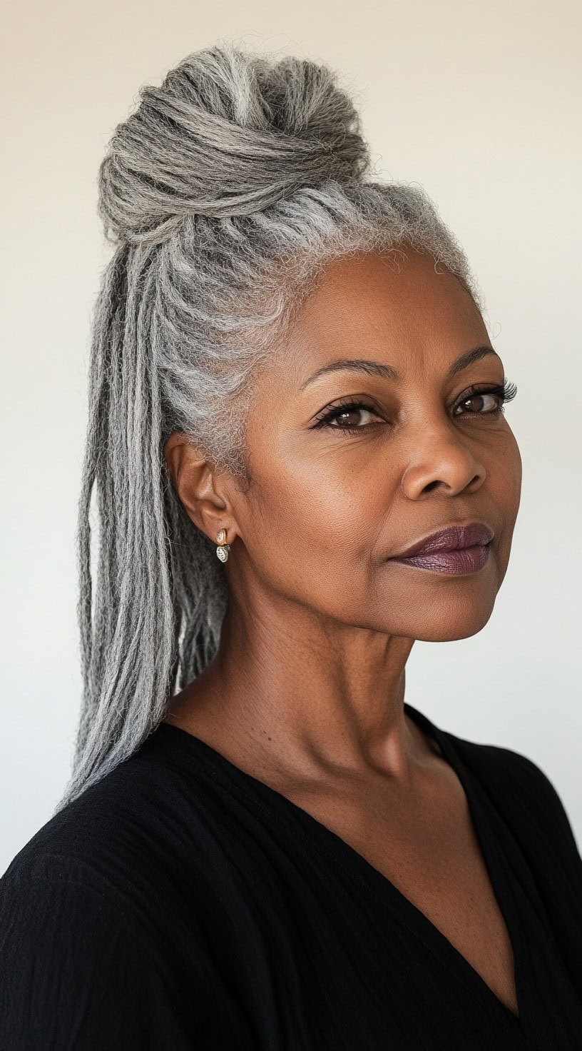 A confident older Black woman with long silver dreadlocks styled into a half-up bun, wearing delicate gold earrings and a black top.