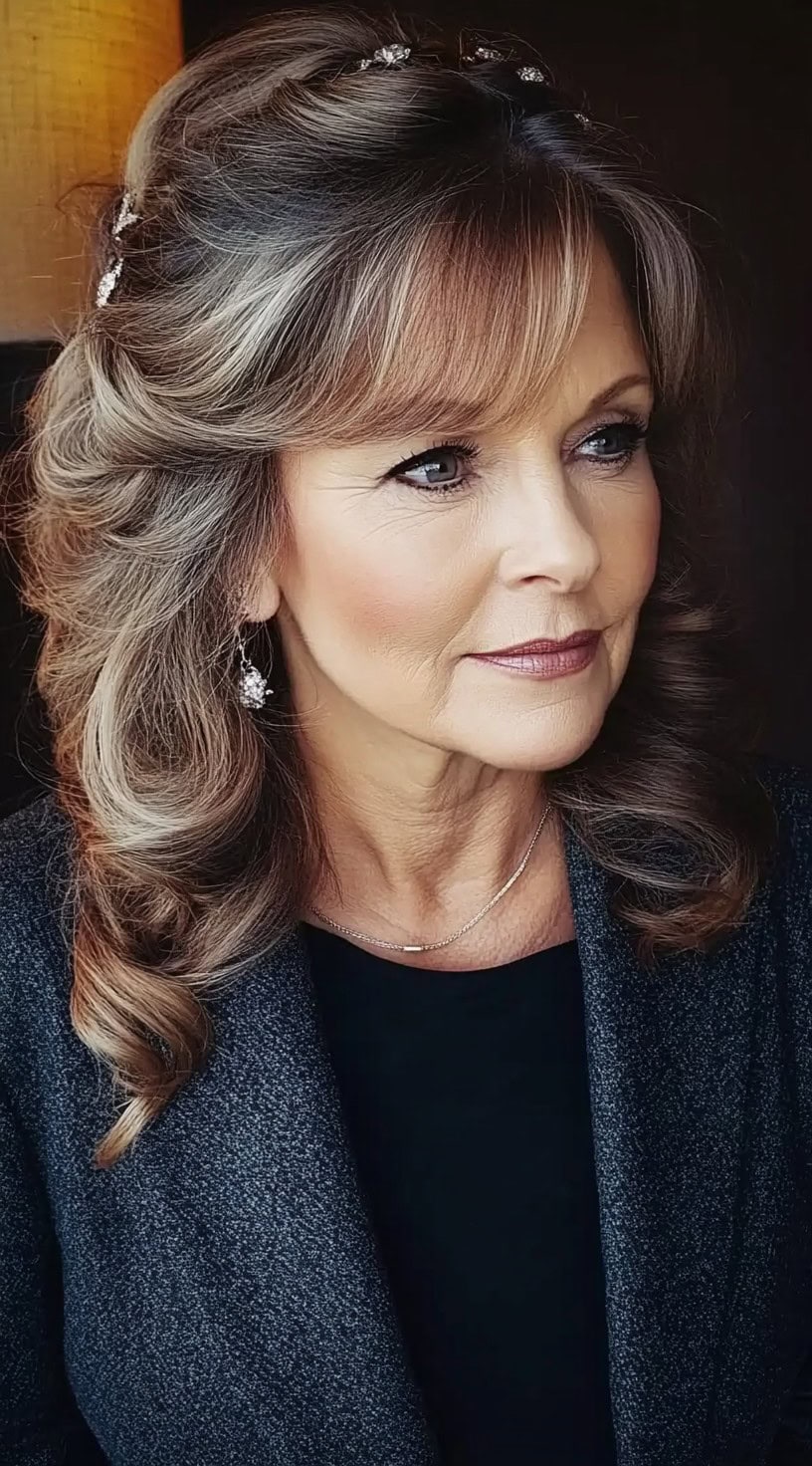 A brunette woman with soft cascading curls, wispy bangs, and a half-up hairstyle adorned with delicate accessories.