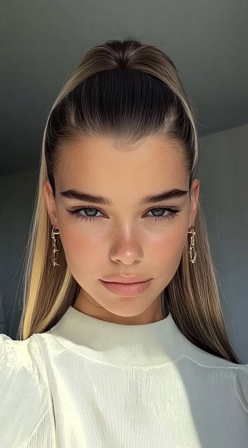A woman with a high slick back ponytail featuring smooth volume at the crown and long, sleek hair.