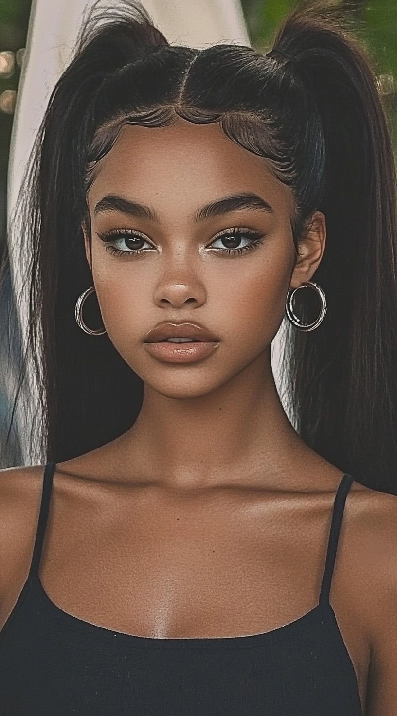 A woman with high twin ponytails styled in a middle part, with sleek baby hairs and straight, voluminous ends.