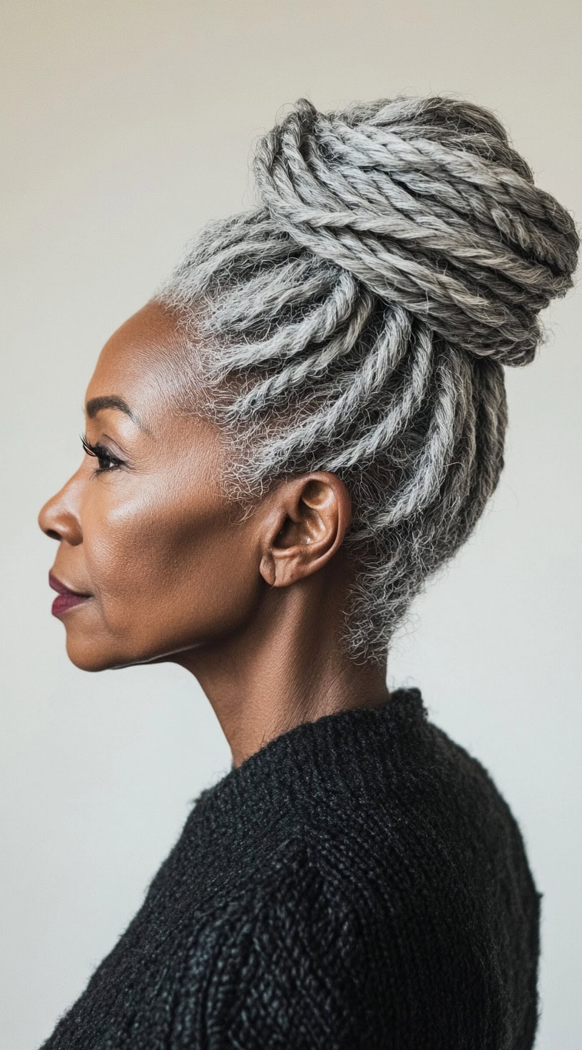 A graceful older Black woman with long silver locs twisted into a high bun, wearing a black sweater and exuding poise.