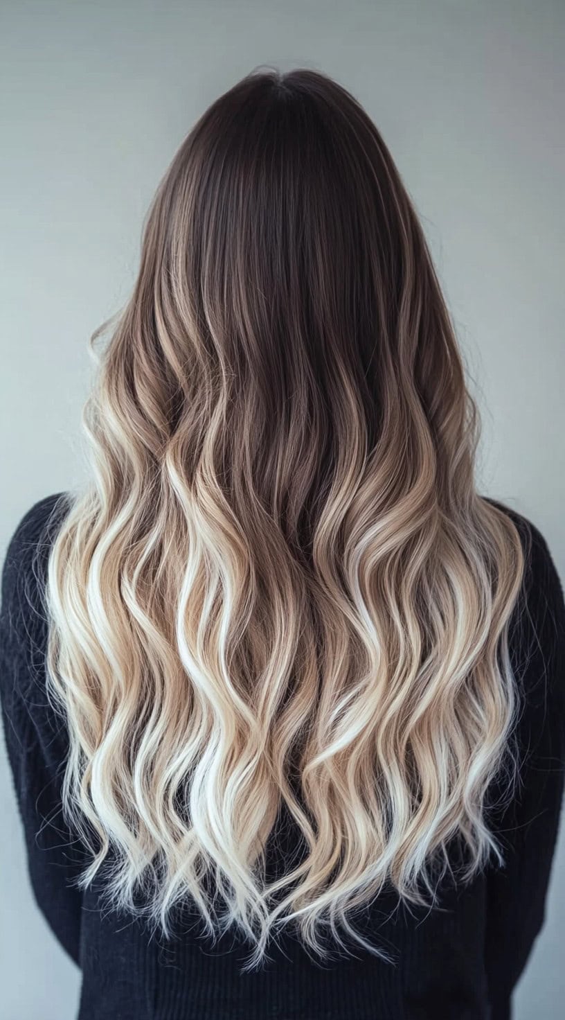 Long, wavy hair with an icy blonde balayage that transitions from dark brown roots.