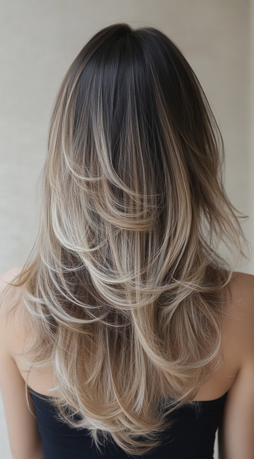 A woman with layered long hair featuring beige blonde balayage and feathered ends.