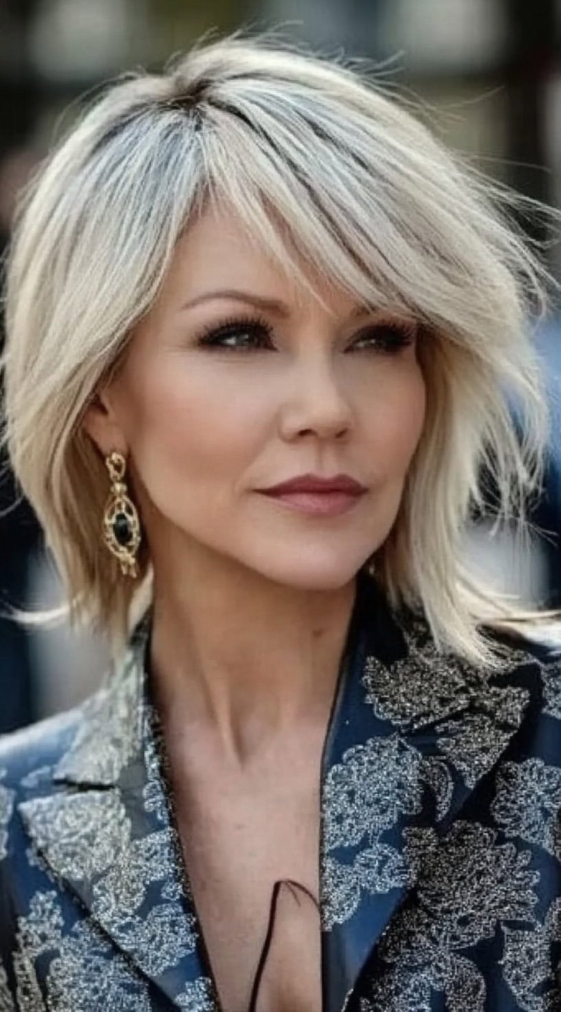 A woman with a layered feathered bob in silver-blonde, styled with soft volume and wispy movement.