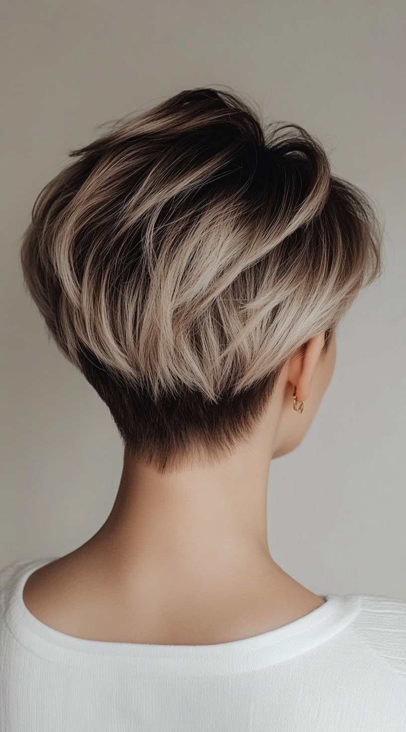 A short, layered pixie cut with blonde balayage over a dark base, creating a soft and textured look.