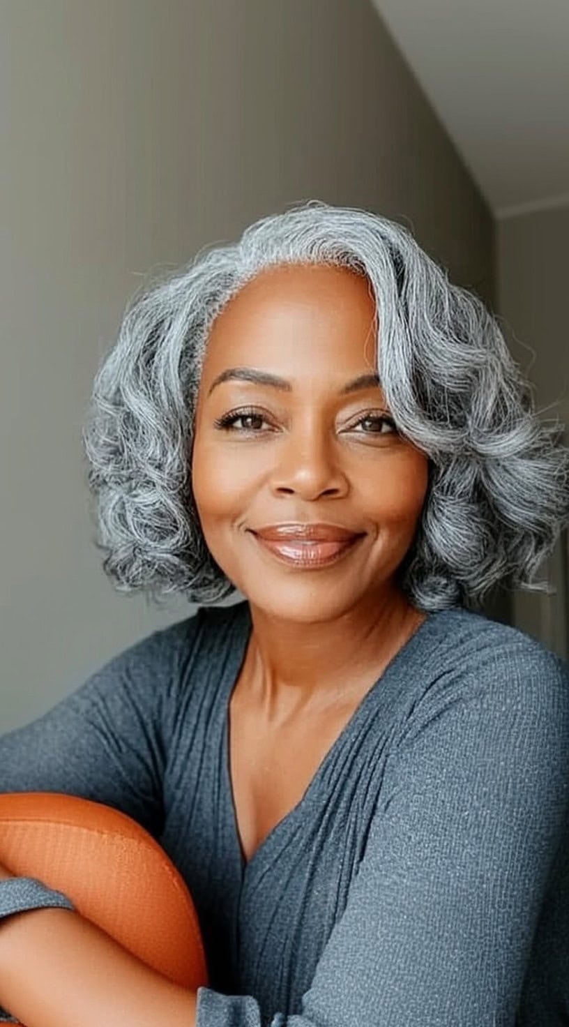 A radiant older Black woman with medium-length layered silver curls styled with a soft side part, wearing a relaxed gray top and a warm smile.