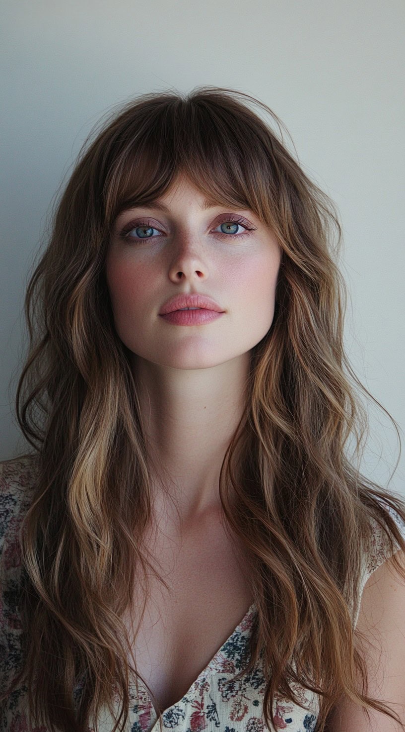 A young woman with long, natural brunette waves styled with soft curtain bangs, wearing a floral-patterned top.