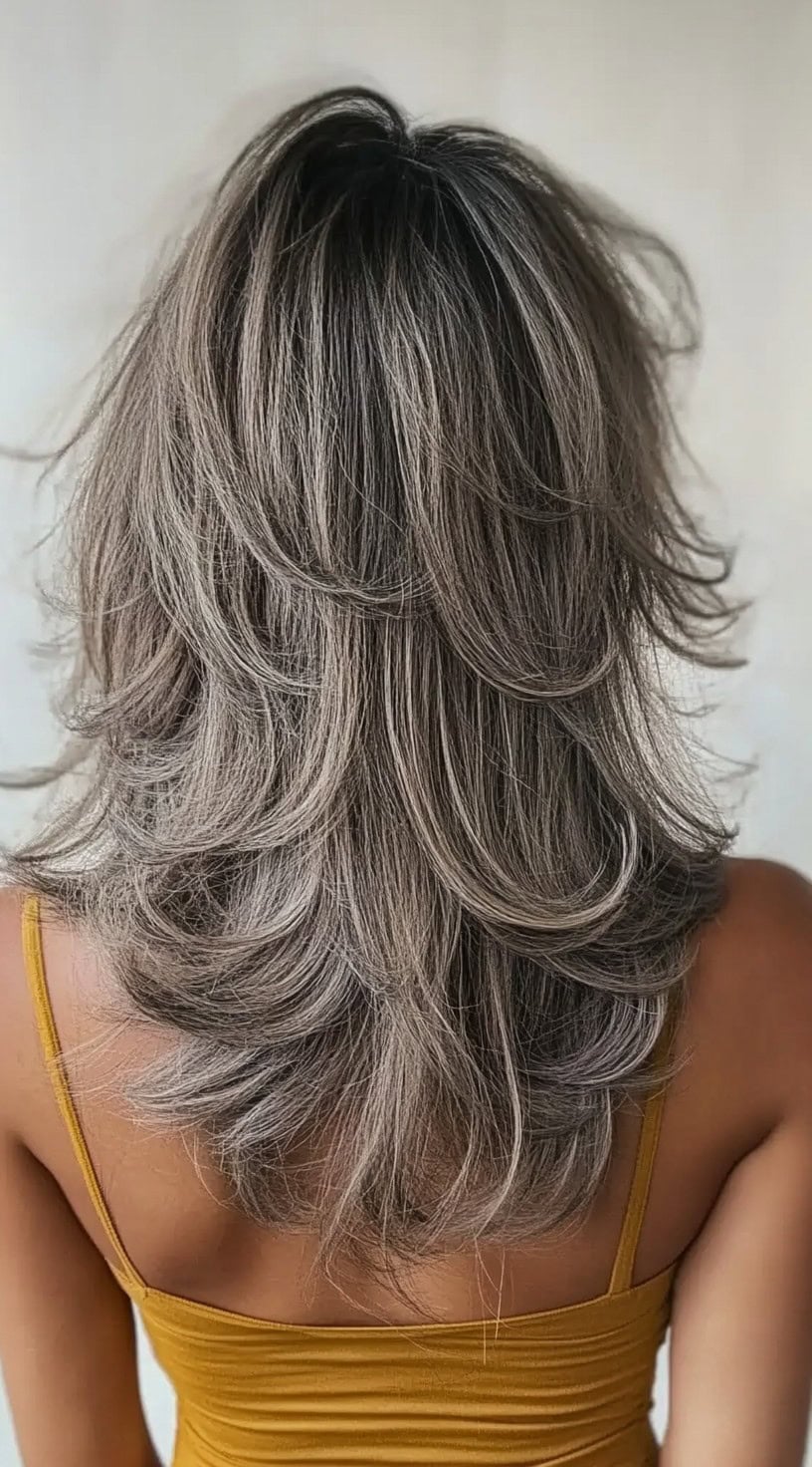 A woman with long feathered layers in ash blonde tones, styled with soft, voluminous flips cascading down her back.