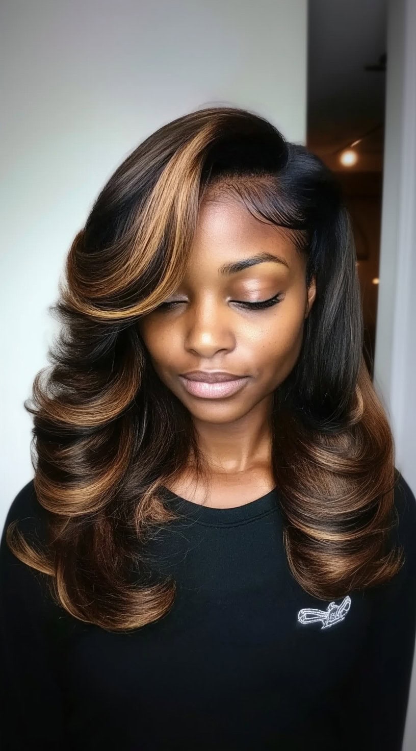 A woman with long feathered layers styled in voluminous curls, featuring rich caramel highlights for added dimension.