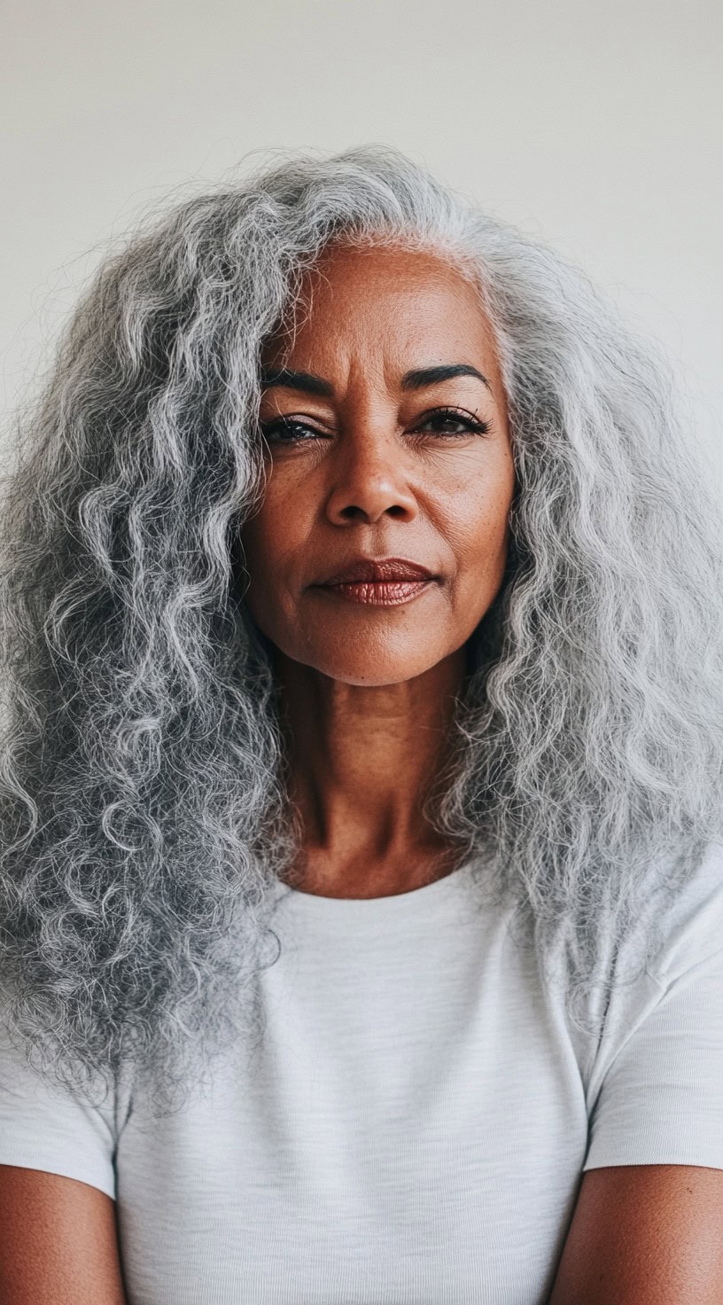 A striking older Black woman with long, flowing gray waves, exuding grace and confidence in a soft white top.