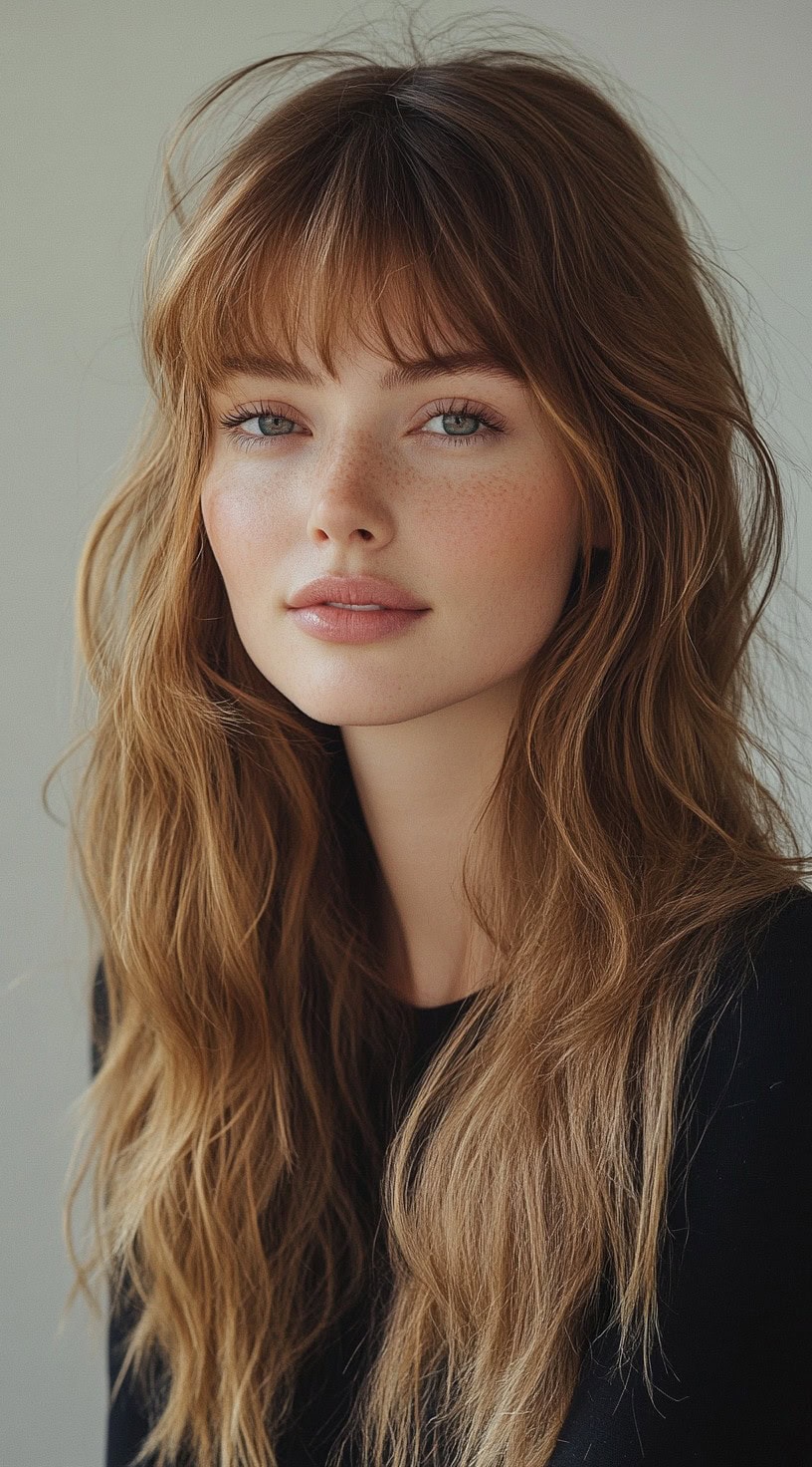 A young woman with long, honey-blonde layers styled with soft curtain bangs, wearing a black top.