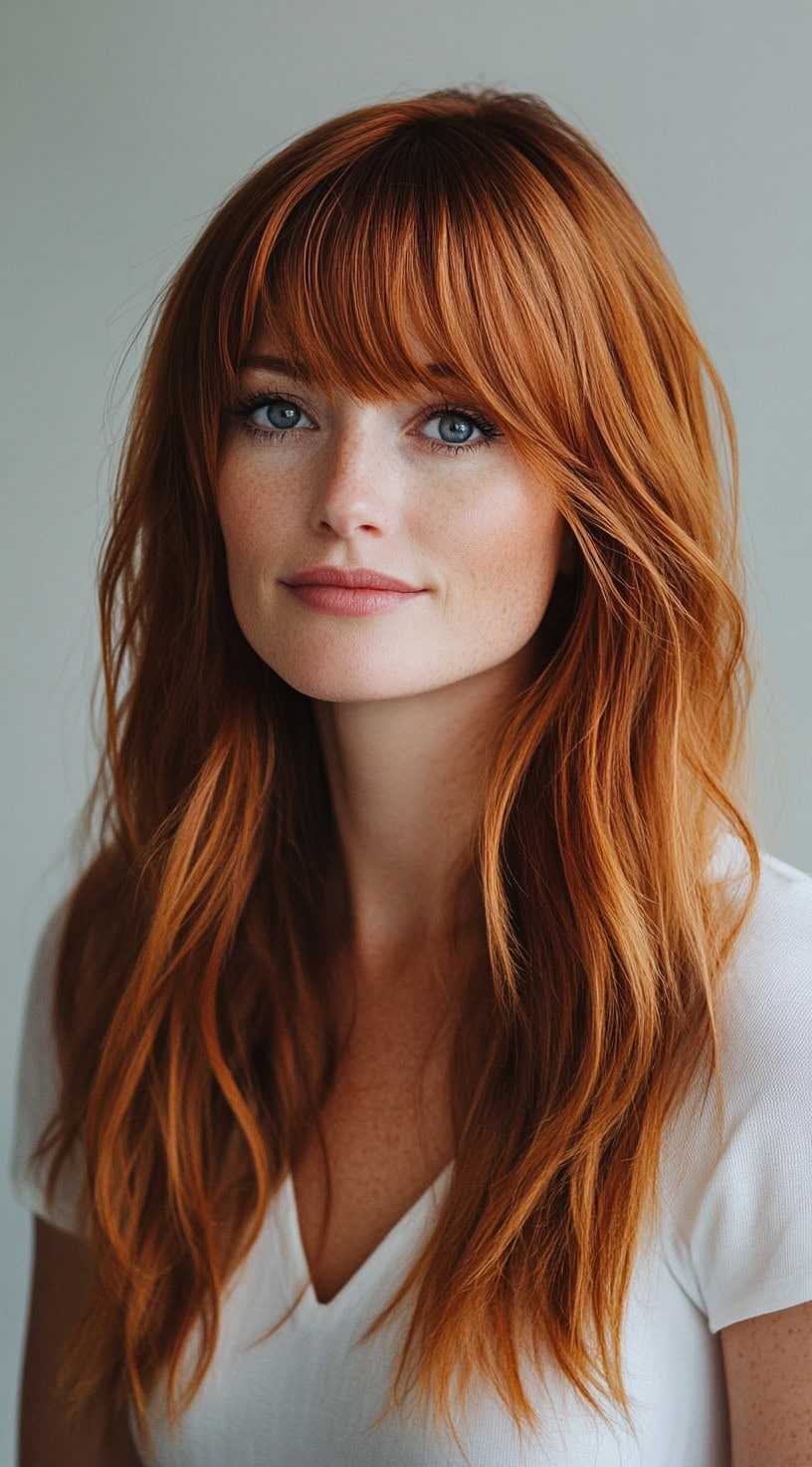 A young woman with long, layered copper waves and full bangs, wearing a white top.