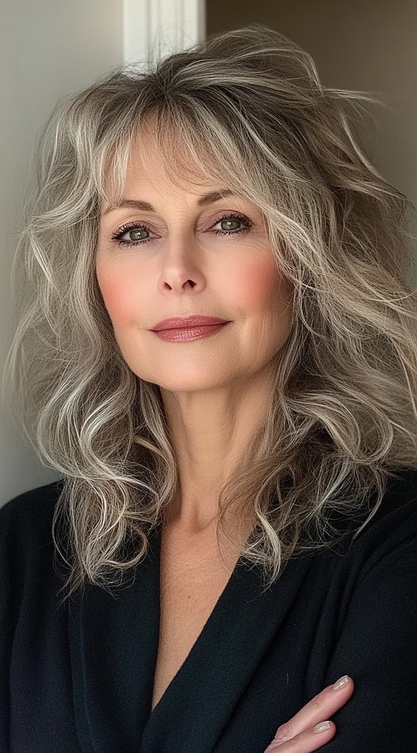 A woman with mid-length, wavy hair styled in a shag cut with feathered curtain bangs for a youthful and airy look.