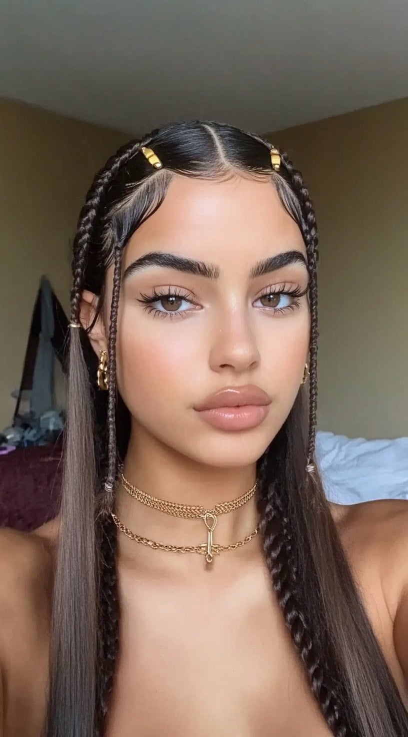 A woman with long, dark tribal braids styled in a middle part, featuring gold beads and baby hairs sculpted into delicate swirls.