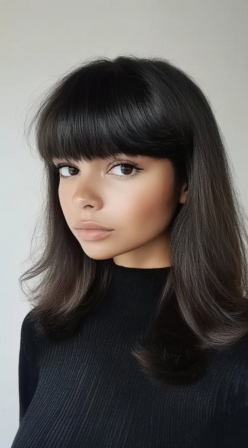 A woman with sleek, shoulder-length feathered layers and blunt, straight-across bangs.