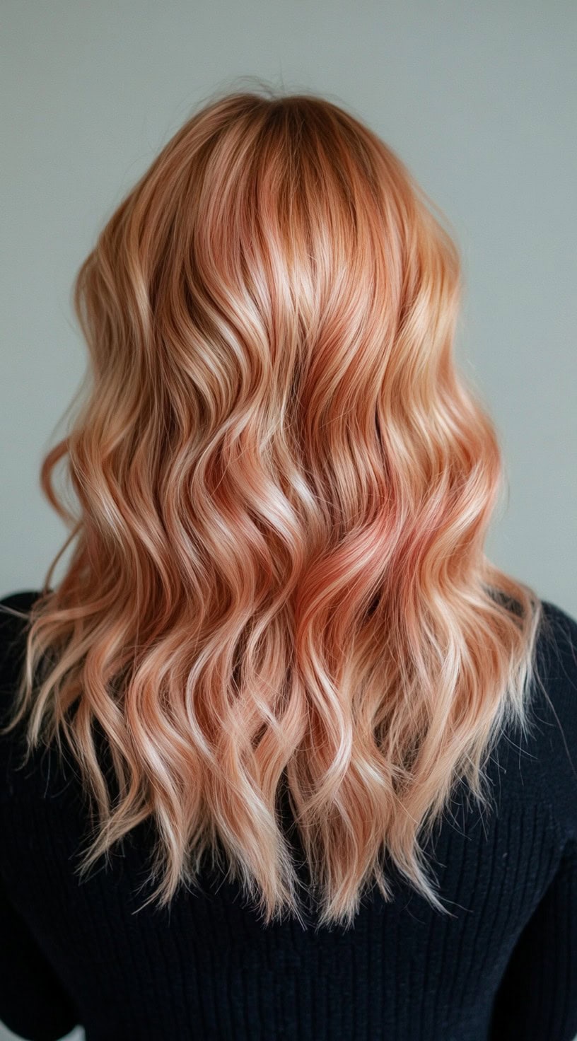 A back view of wavy, multi-tonal strawberry blonde hair with caramel and rosy face-framing highlights.