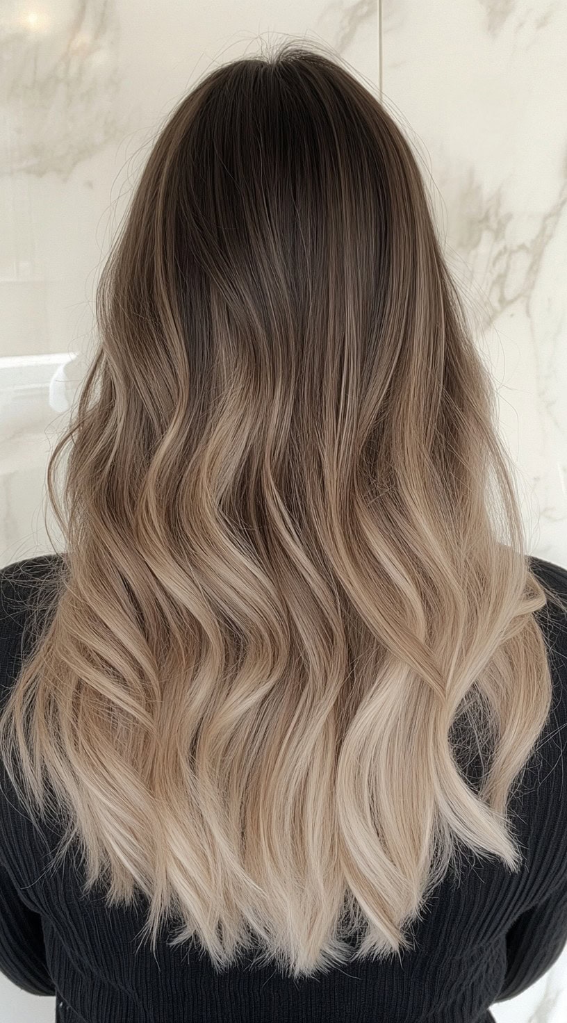 A woman with wavy hair featuring a mushroom blonde balayage with cool ashy undertones.