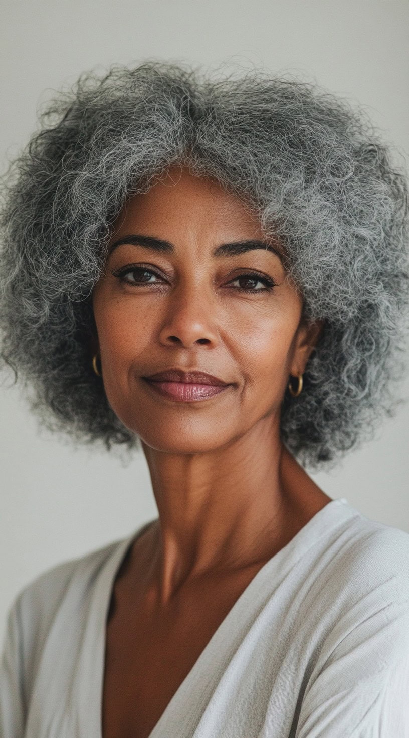 A graceful older Black woman with a natural gray afro, softly layered for volume and shape, wearing a white blouse and gold hoop earrings.