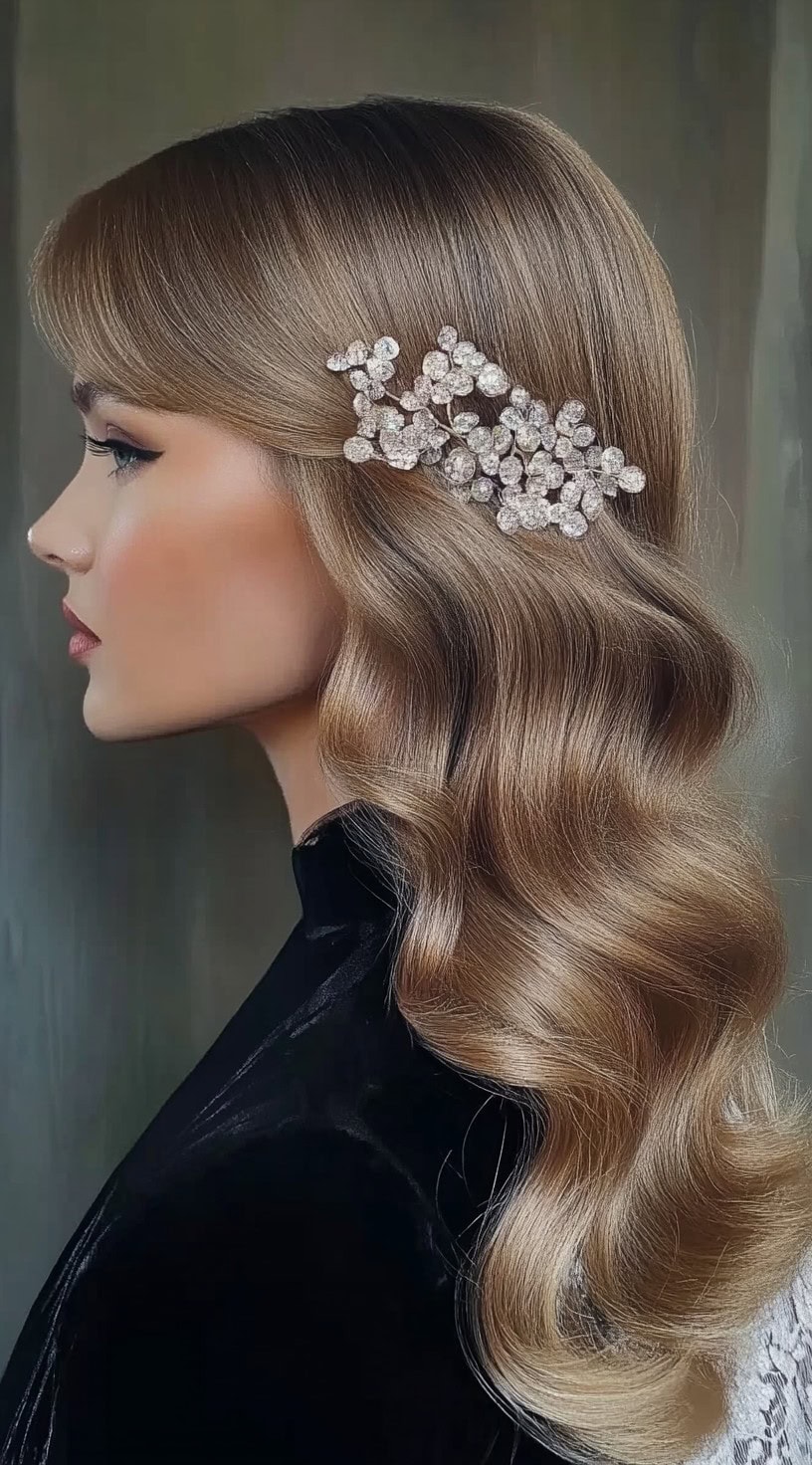 A bride with sleek Old Hollywood waves, parted to the side and pinned with a sparkling statement clip.