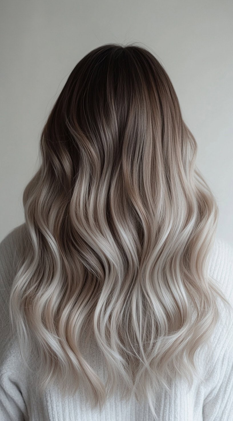 Medium-length wavy hair with platinum blonde balayage starting from mocha brown roots.