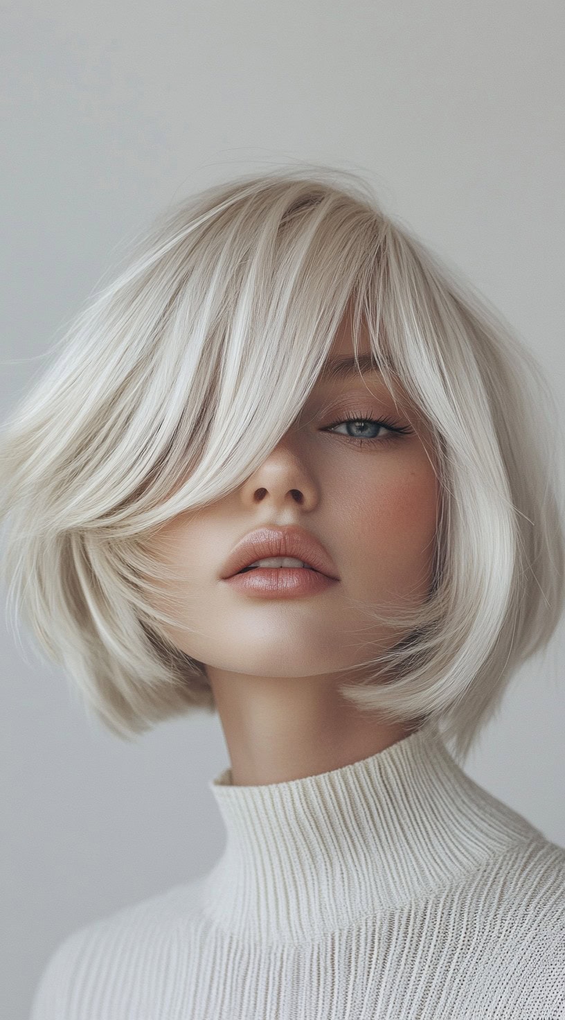 A sleek platinum blonde bob with side-swept bangs covering part of the forehead.