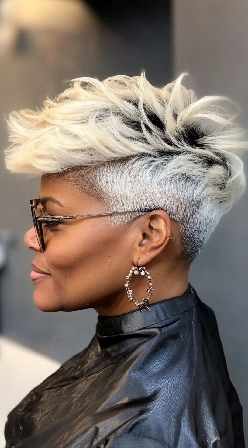 A woman with a bold, platinum blonde feathered pixie cut featuring a voluminous top and shaved sides.