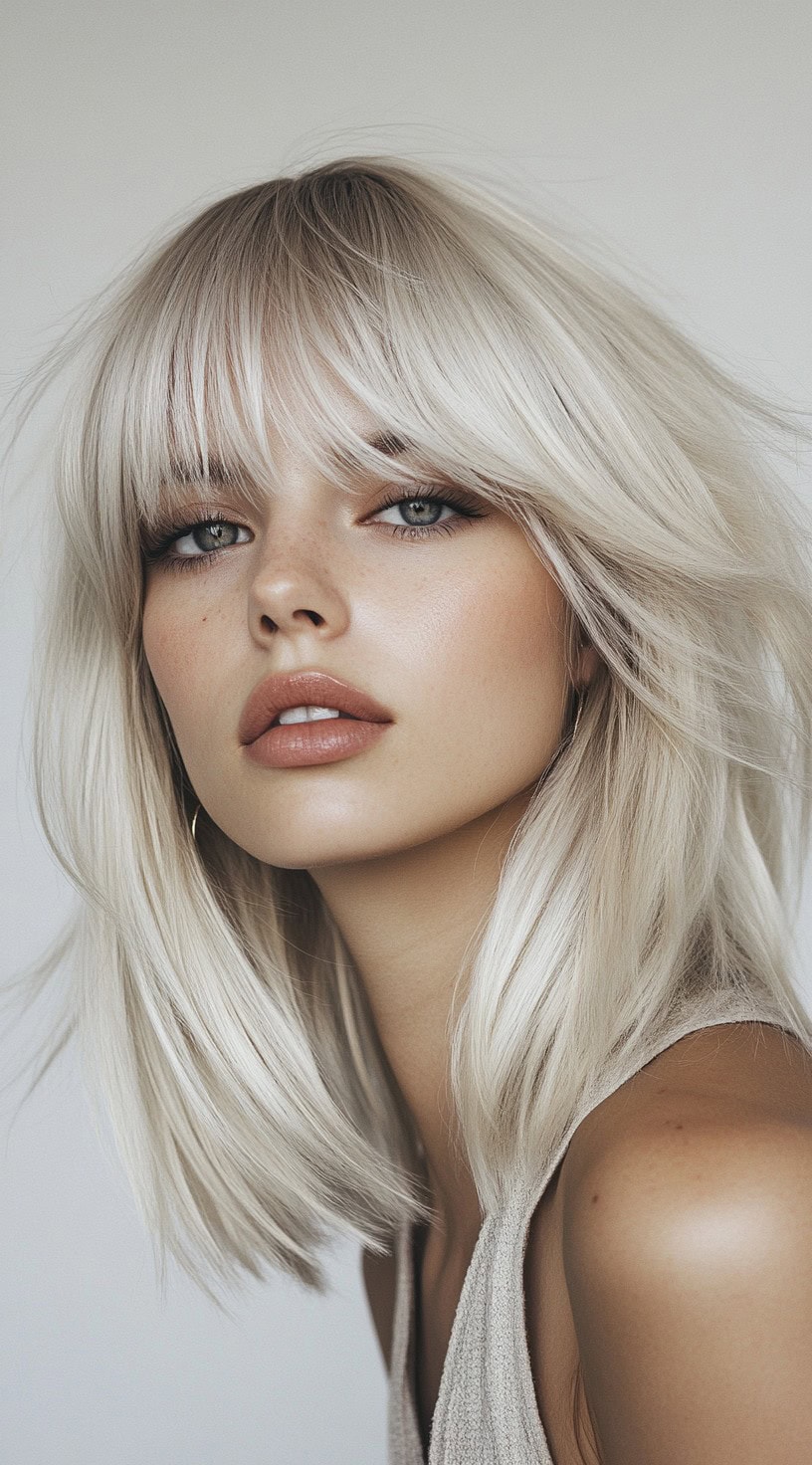 A young woman with a sleek, platinum blonde lob featuring soft, full bangs, wearing a beige sleeveless top.