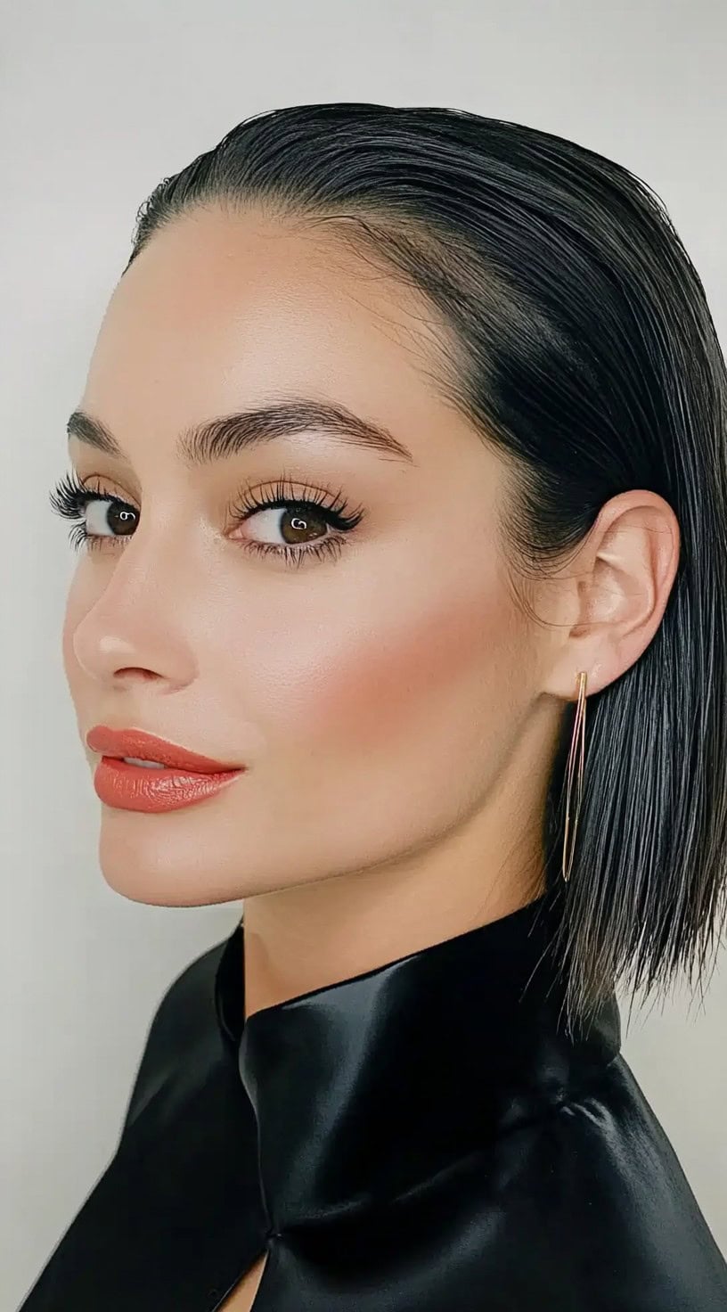 A woman with a polished, side-slicked bob hairstyle, featuring bold makeup and long earrings.