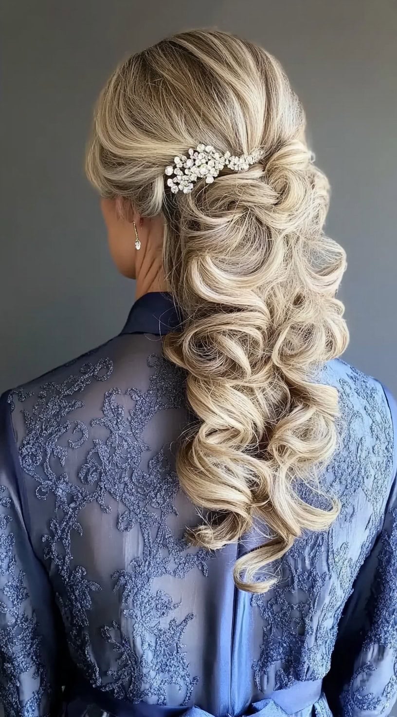 A woman with long, voluminous cascading curls styled half-up with a decorative hair clip.
