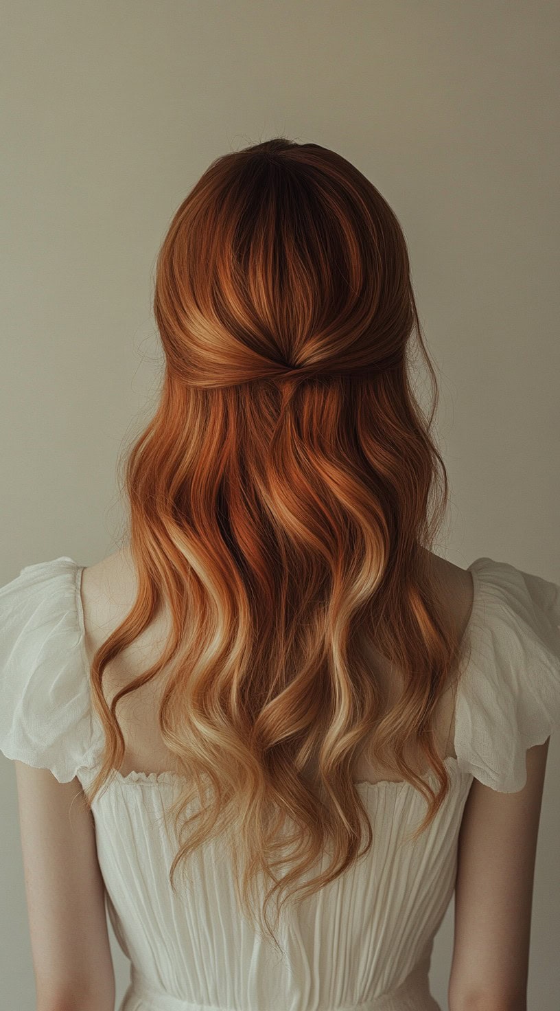 A back view of long, wavy strawberry blonde hair styled in a half-up twist, with warm golden and caramel balayage highlights.