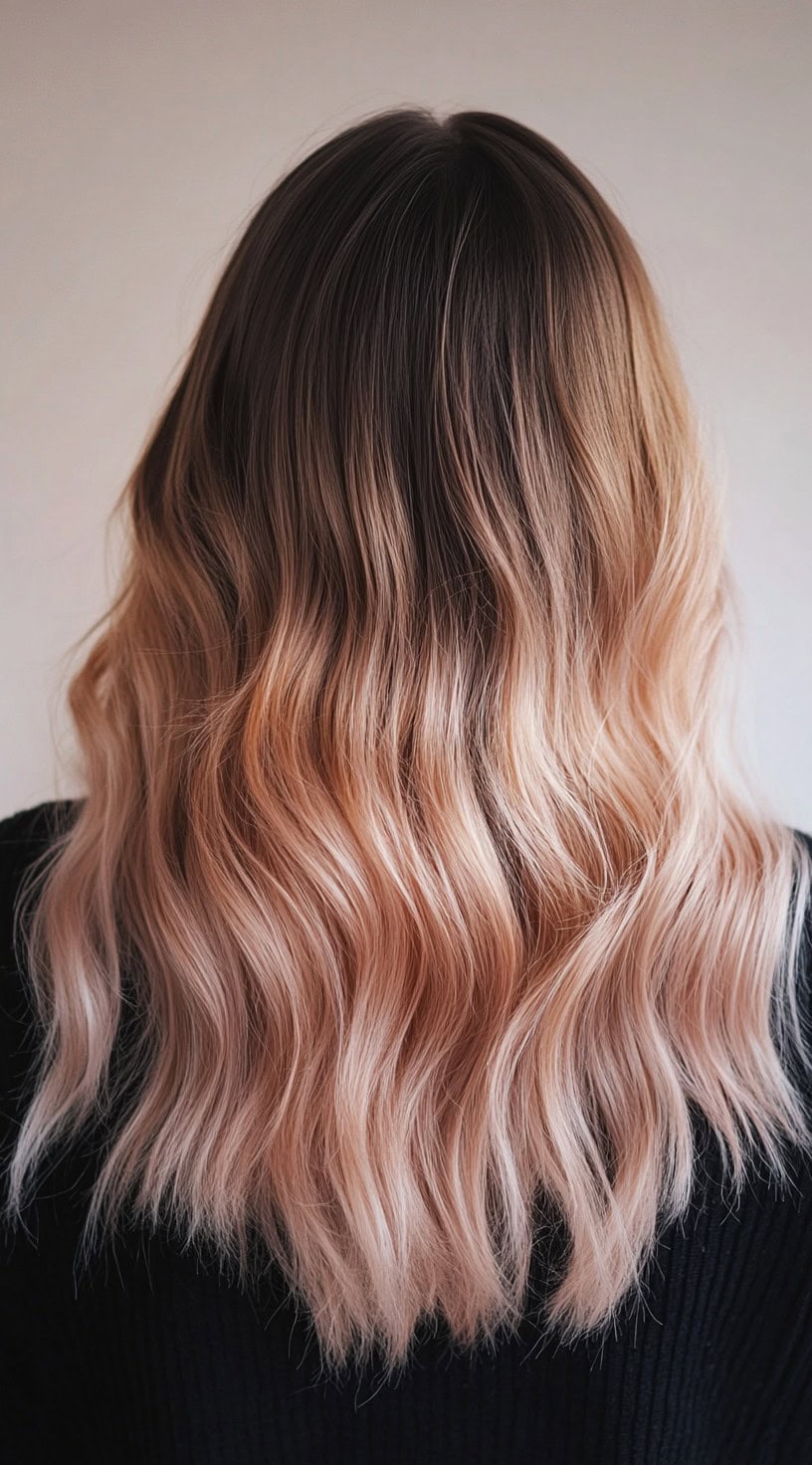 A back view of wavy hair with a dark root melt fading into a soft strawberry cream blonde ombre.