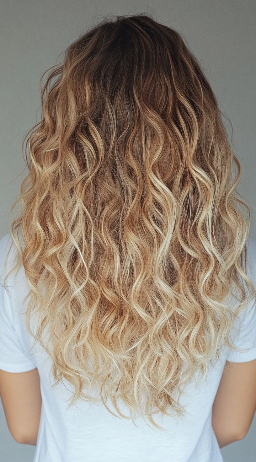 Long, beachy waves with sandy blonde balayage blending seamlessly into a darker brown base.
