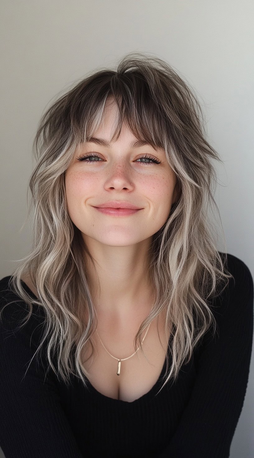 A shaggy, choppy layered ash blonde balayage with dark ash brown roots and face-framing bangs.