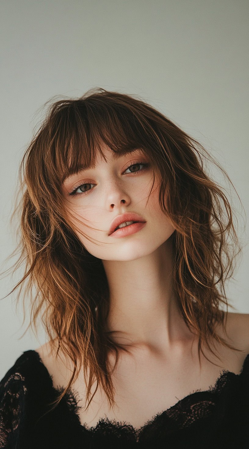 A young woman with tousled, shaggy brunette hair featuring layered waves and feathered bangs, wearing a black lace top.