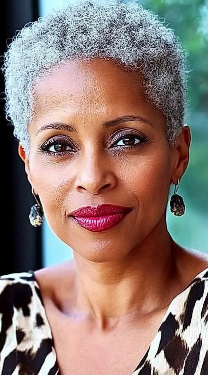 A poised older Black woman with short, tightly coiled gray hair in a cropped natural style, wearing a chic animal print top and drop earrings.