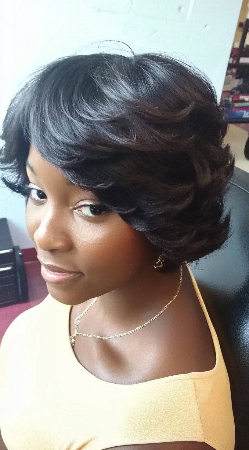 A woman with a short, feathered pixie bob featuring lifted layers that frame her face and enhance volume.