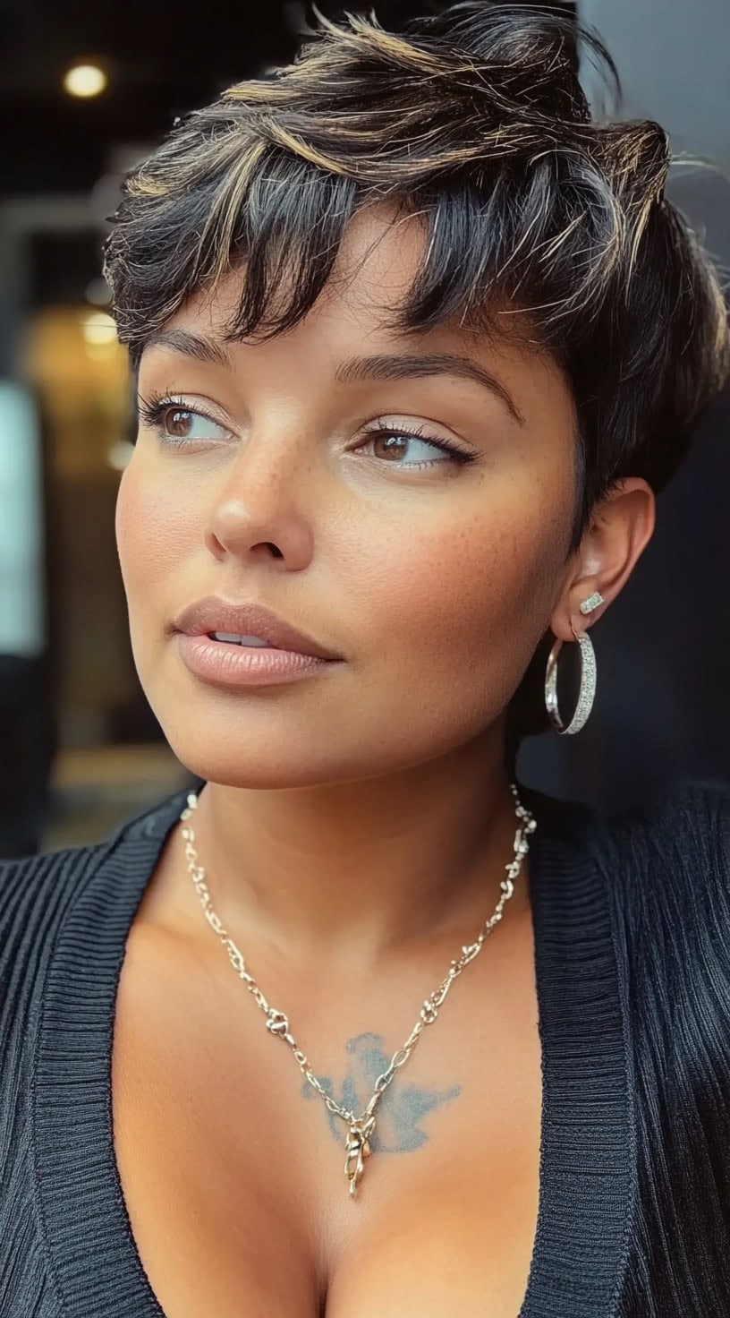 A woman with a short feathered pixie cut, styled with delicate highlights and wispy bangs for a soft, modern look.