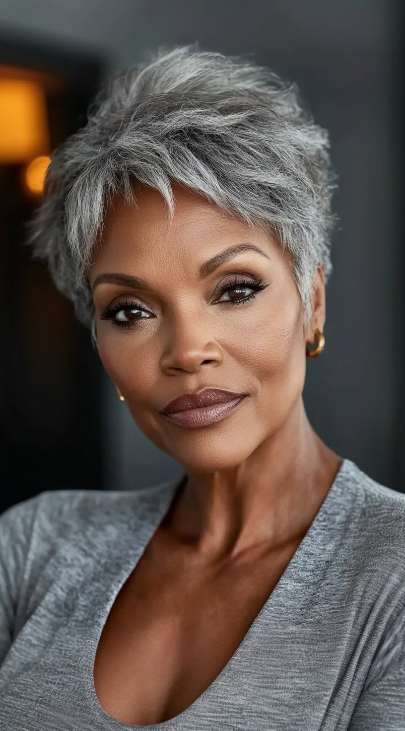 A stylish older Black woman with a short, layered silver pixie cut, featuring textured bangs and a tousled finish, wearing gold earrings and a soft gray top.