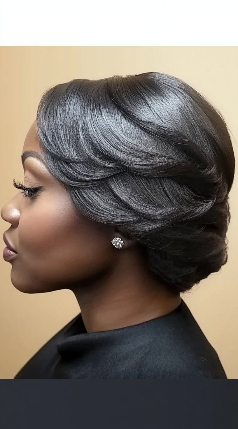 A woman with a short, sleek feathered pixie bob featuring soft layers and a polished finish.