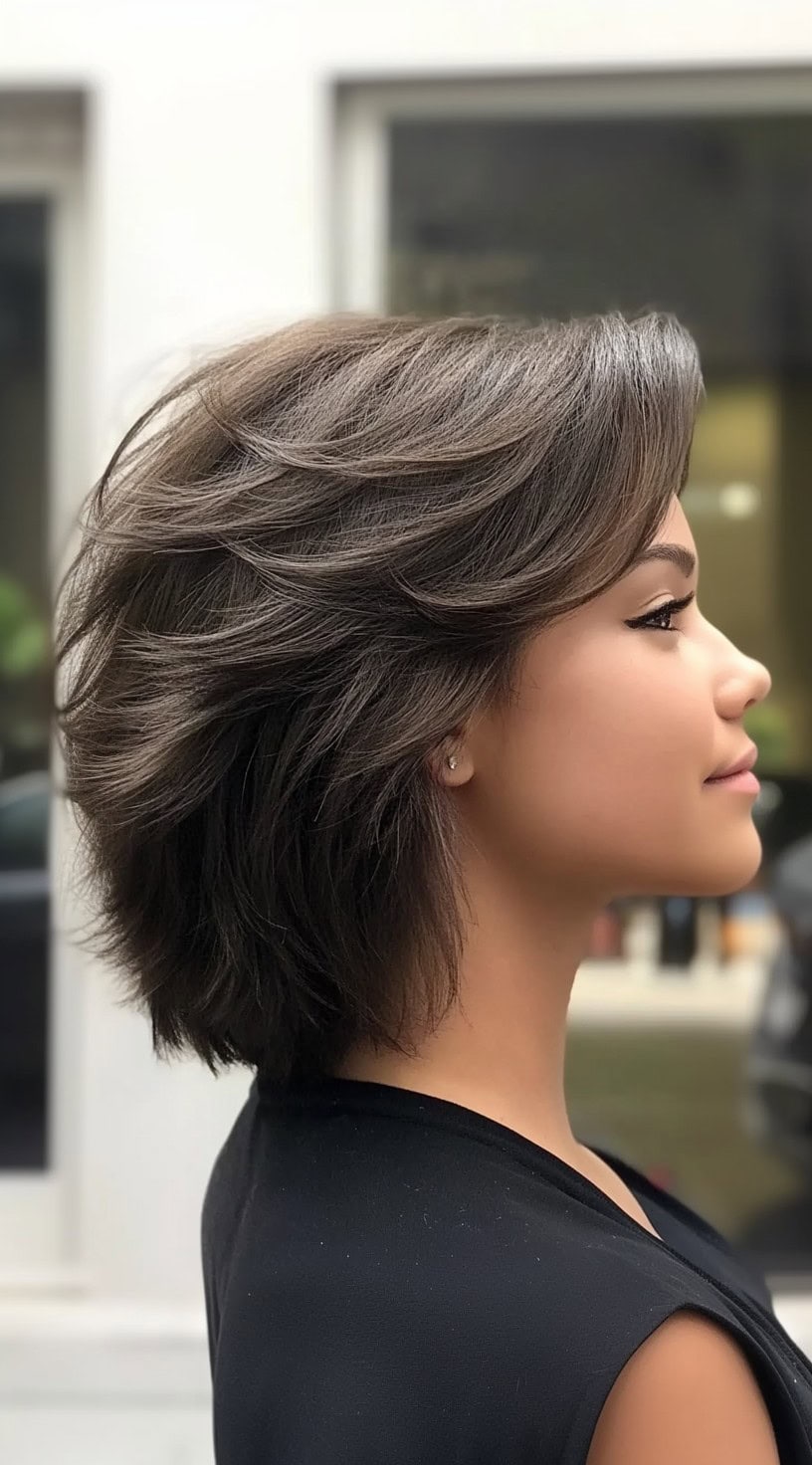 A woman with a short, textured feathered cut, styled with layers adding height and movement.
