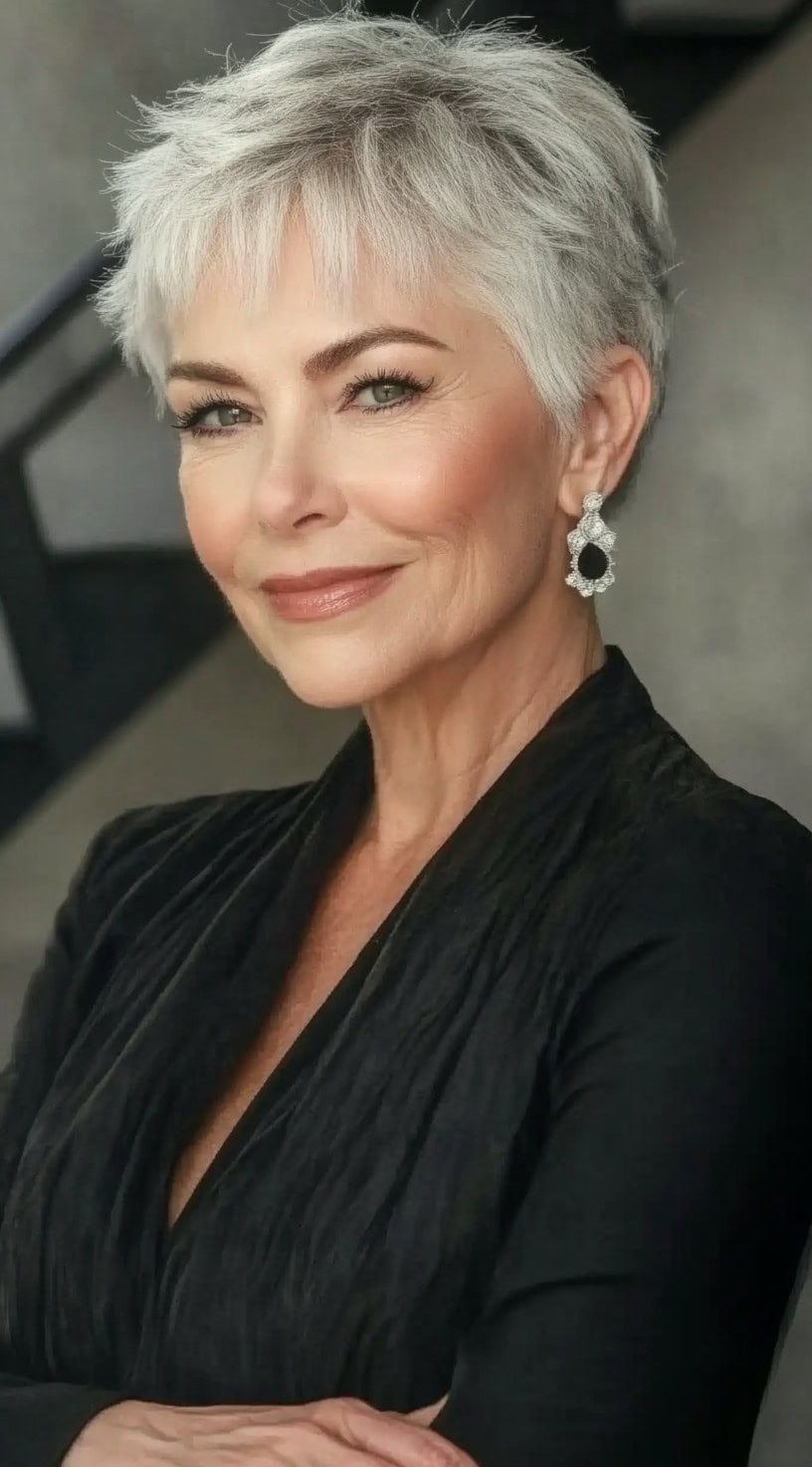 A woman with a short, silver pixie cut styled with textured layers and soft volume, paired with elegant earrings.
