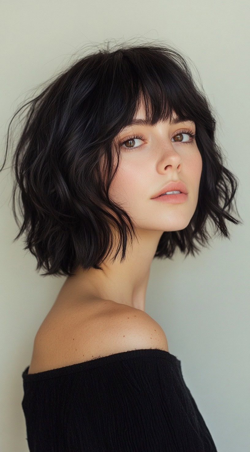 A woman with a short, wavy bob in a dark shade, styled with textured bangs and soft waves.