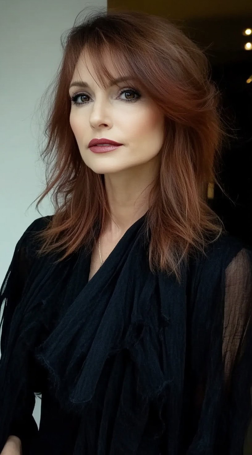 A woman with a shoulder-length layered cut, featuring soft bangs and a tousled finish for a relaxed yet elegant look.