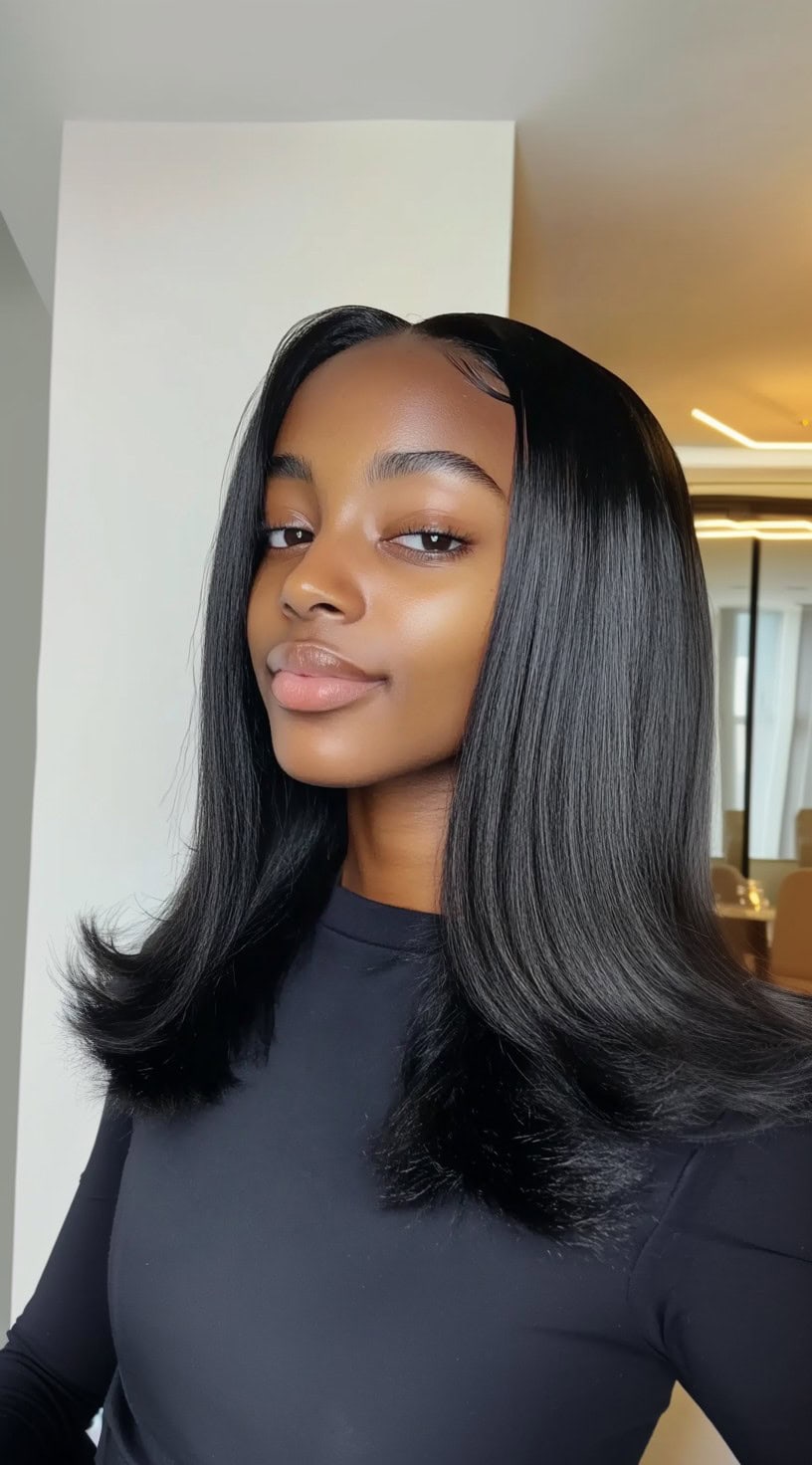 A woman with straight, shoulder-length black hair styled in a middle part with soft feathered ends, wearing a black top in a well-lit indoor space.